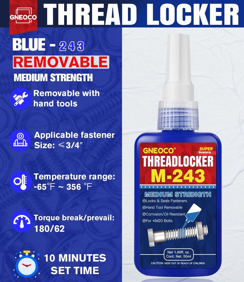 GNEOCO ThreadLocker Blue, Thread Lock Medium Strength Lock Tight for Nuts, Bolts, Fasteners and Metals, Anaerobic Curing Metal Glue to Prevent Loosening and Corrosion (M243-50ml) - Image 2